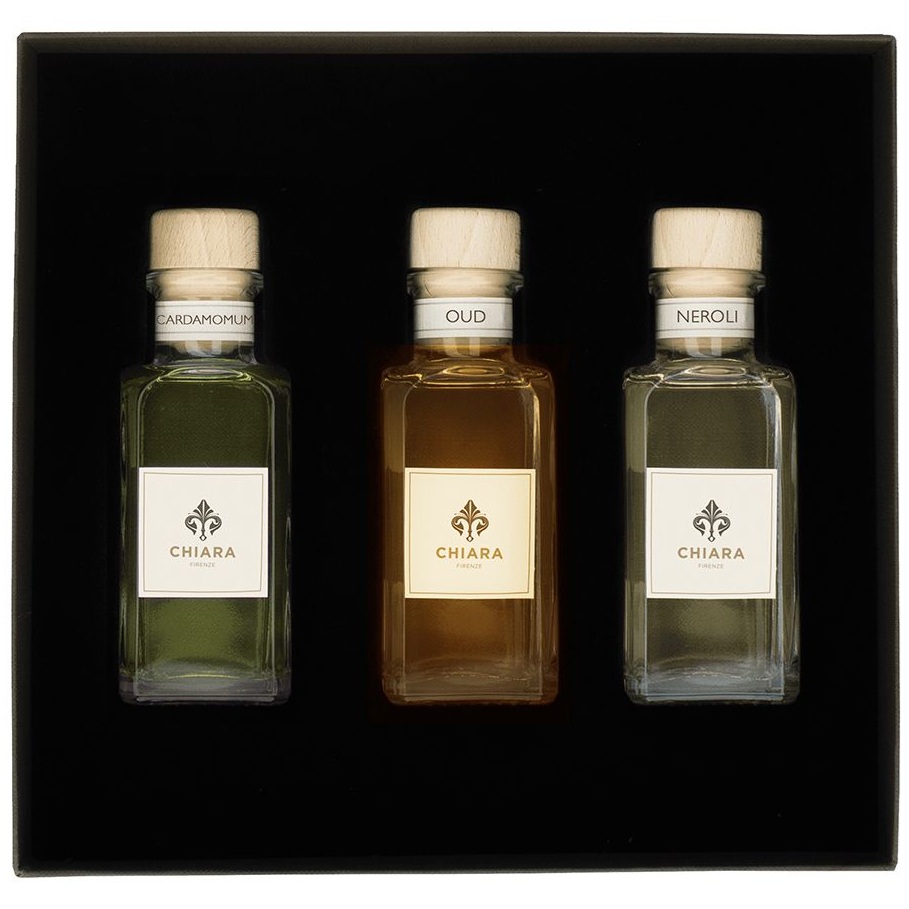Подарочный арома-набор Chiara Firenze Nero di bacco / Bianco di bacco / Caprifico Gift Set 3X100/NERO